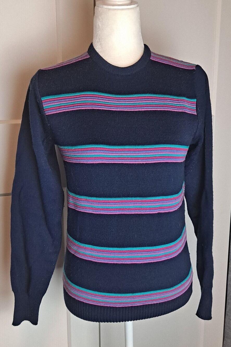 169. Vintage Meister Womens Navy Pullover Bright Striped Wool Ski Sweater 1980s